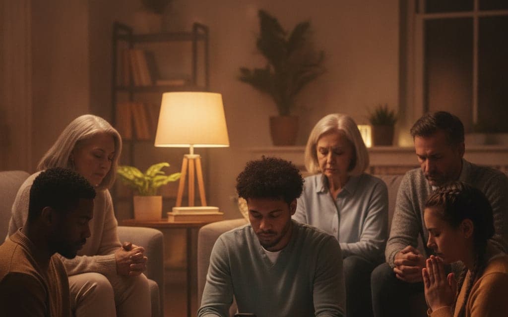 Five people of different ages in a lamp-lit living room, praying together with heads bowed