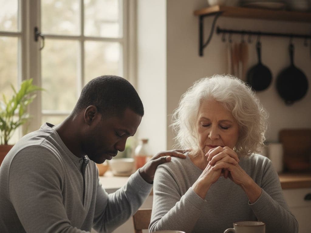 Two friends at a kitchen table in morning light, heads bowed, praying together
